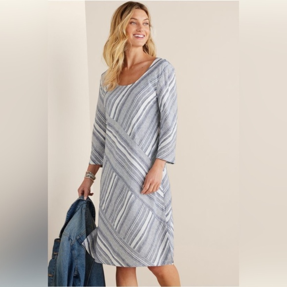 NWT Soft Surroundings Sonya Linen Dress Blue‎ and White Size XS